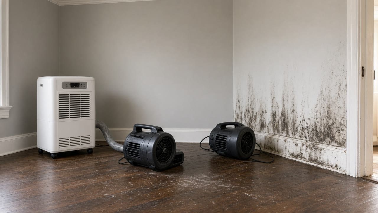 Air movers and dehumidifier drying a cleared residential interior
